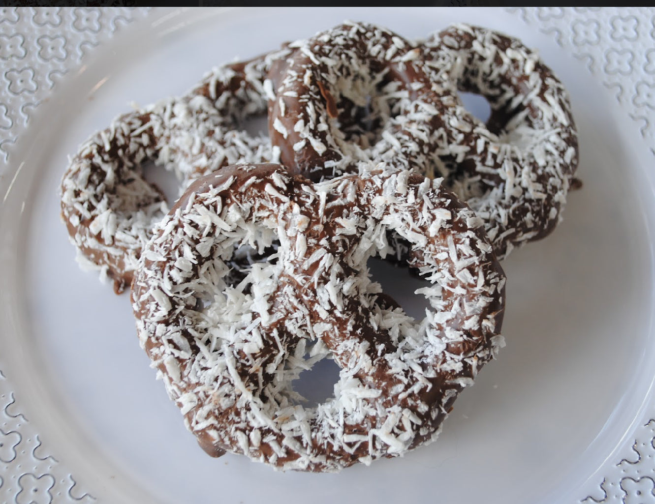 Milk Chocolate Sredded coconut pretzels