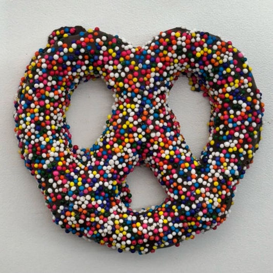 Dark Chocolate Rainbow Nonpareil Pretzels