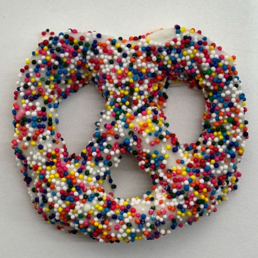 White Chocolate Rainbow Nonpareil Pretzels