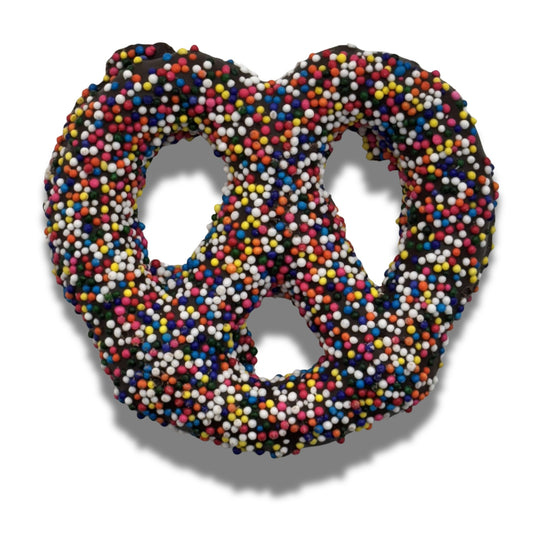 Dark Chocolate Rainbow Nonpareil Pretzels