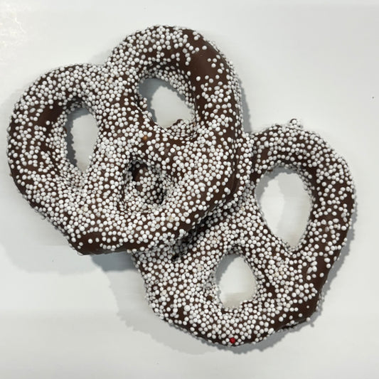 Milk Chocolate white nonpareils pretzels