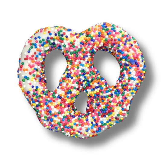 White Chocolate Rainbow Nonpareil Pretzels